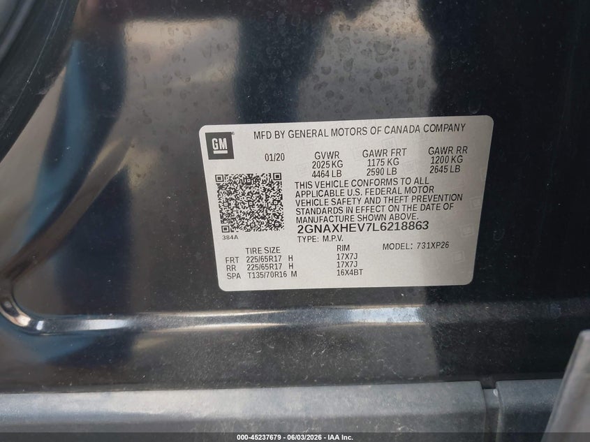 2020 Chevrolet Equinox Fwd Ls VIN: 2GNAXHEV7L6218863 Lot: 45237679