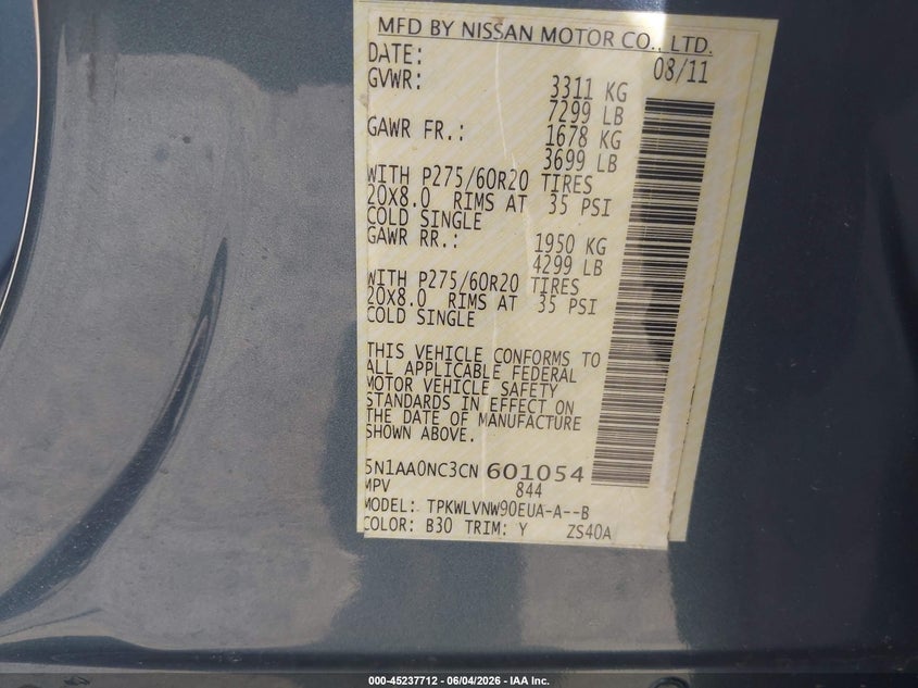 2012 Nissan Armada Sl VIN: 5N1AA0NC3CN601054 Lot: 45237712