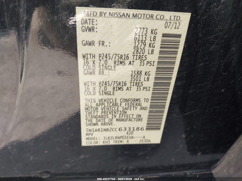 2012 Nissan Pathfinder 4.0 S black Lot 111045237764 Vin 5N1AR1NB2CC633186