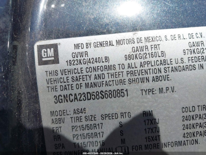 2008 Chevrolet Hhr Lt VIN: 3GNCA23D58S680851 Lot: 45237849