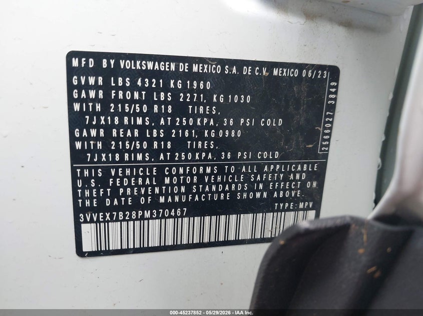 2023 Volkswagen Taos 1.5T Se VIN: 3VVEX7B28PM370467 Lot: 45237852
