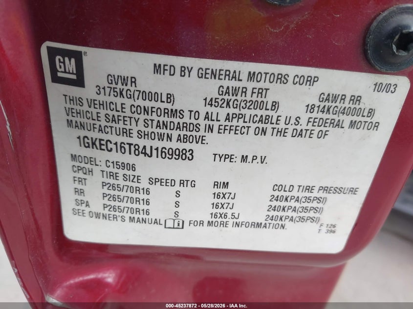 2004 GMC Yukon Xl 1500 Slt VIN: 1GKEC16T84J169983 Lot: 45237872