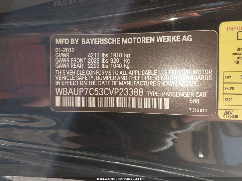 2012 BMW 128I VIN: WBAUP7C53CVP23388 Lot: 45237909