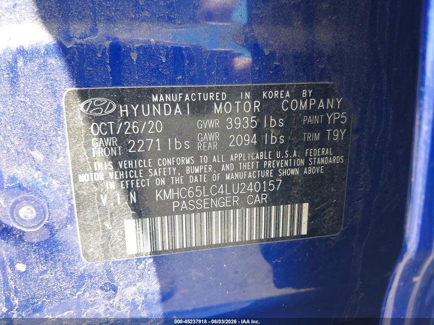 2020 Hyundai Ioniq Hybrid Blue VIN: KMHC65LC4LU240157 Lot: 45237918