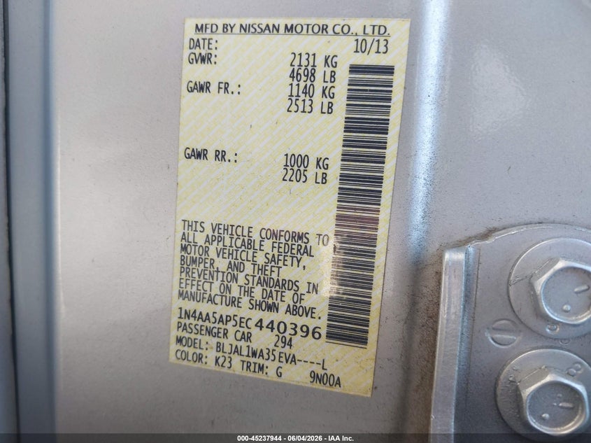 2014 Nissan Maxima 3.5 Sv VIN: 1N4AA5AP5EC440396 Lot: 45237944