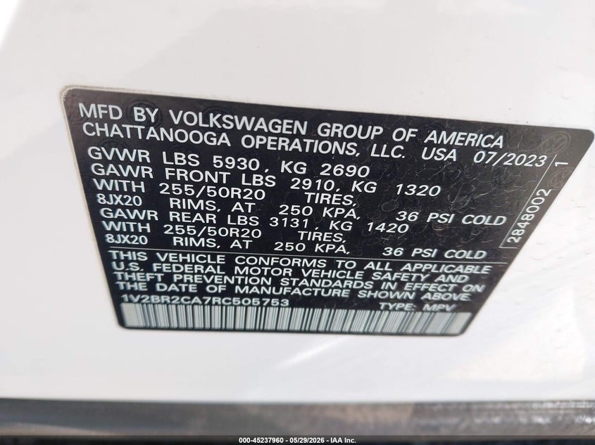 2024 Volkswagen Atlas 2.0T Sel VIN: 1V2BR2CA7RC505753 Lot: 45237960