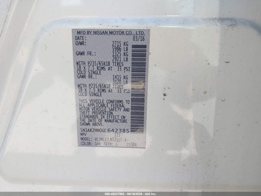2016 Nissan Pathfinder Sv VIN: 5N1AR2MM0GC642385 Lot: 45237992