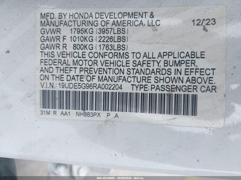 2024 Acura Integra Type S VIN: 19UDE5G96RA002204 Lot: 45238000