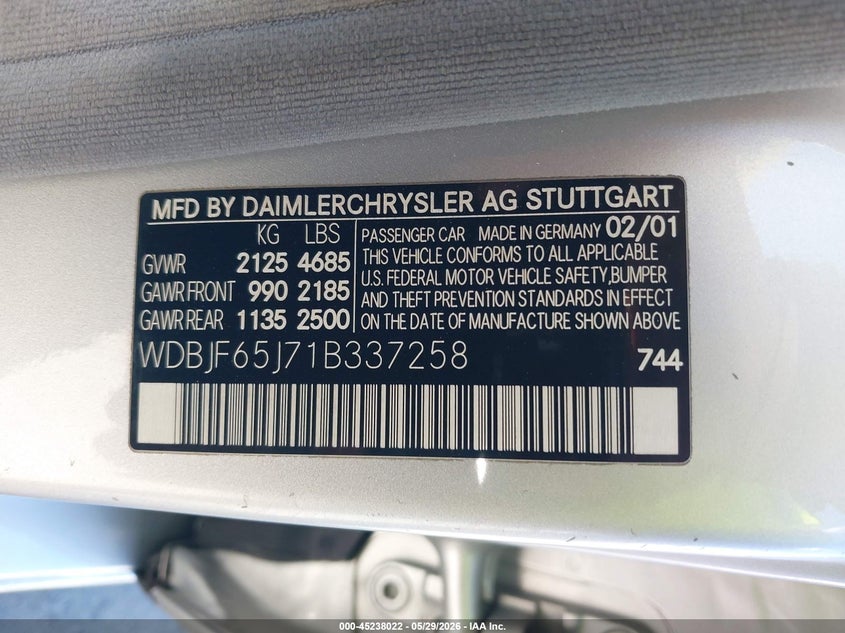 2001 Mercedes-Benz E 320 VIN: WDBJF65J71B337258 Lot: 45238022