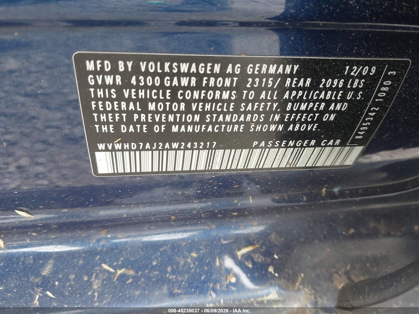 2010 Volkswagen Gti 4-Door VIN: WVWHD7AJ2AW243217 Lot: 45238037