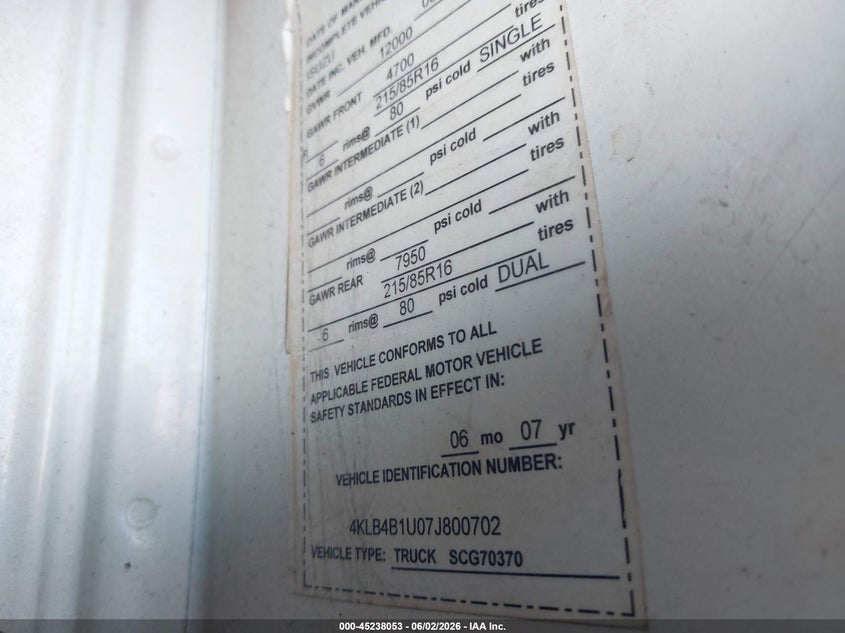 2007 Isuzu W3S042 Npr Gas Reg VIN: 4KLB4B1U07J800702 Lot: 45238053