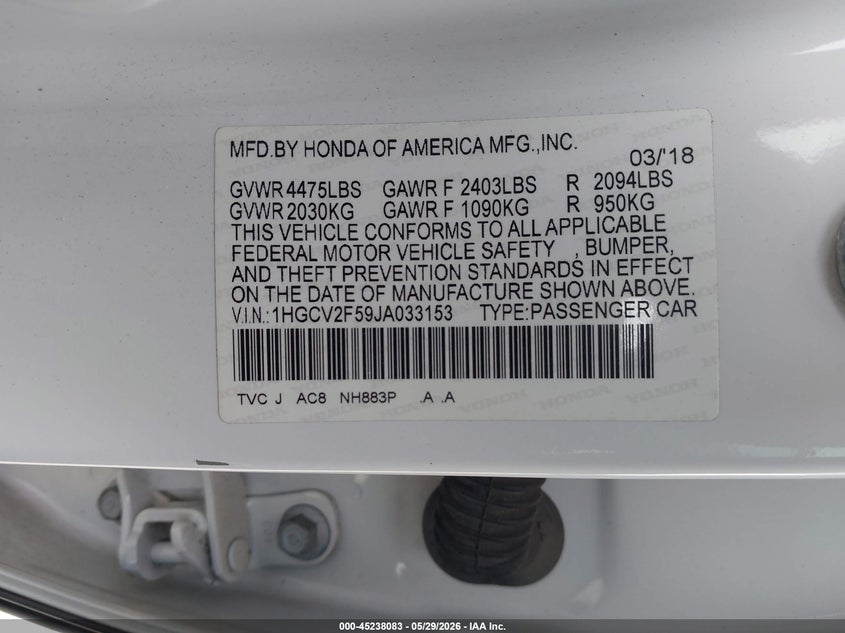 VIN 1HGCV2F59JA033153 2018 HONDA ACCORD EX-L 2.0T