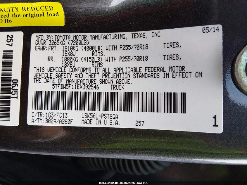 2014 Toyota Tundra Sr5 5.7L V8 VIN: 5TFDW5F11EX392546 Lot: 45238140