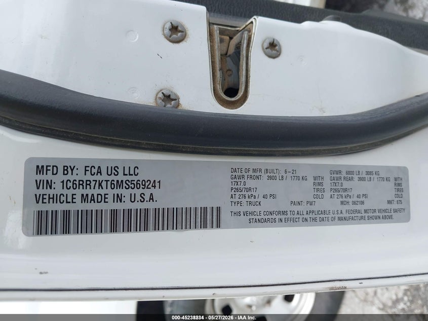 2021 RAM 1500 CLASSIC 5.7L V-8 VVT, 395HP(VIN: 1C6RR7KT6MS569241