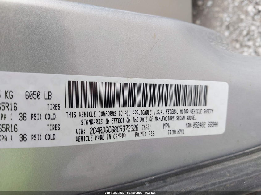 2012 Dodge Caravan 3.6 Grand Sxt silver Lot 111045238239 Vin 2C4RDGCG8CR373326