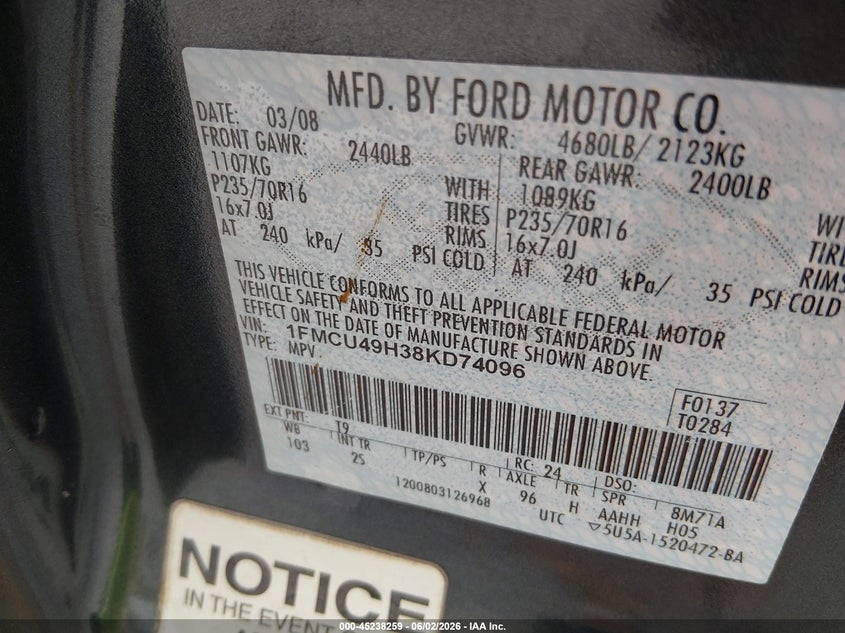 2008 Ford Escape 2.3 Hybrid Grey Lot 111045238259 Vin 1FMCU49H38KD74096
