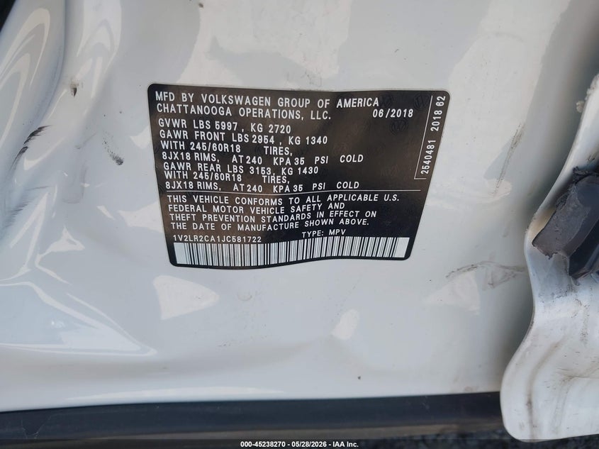 2018 Volkswagen Atlas 3.6L V6 Se/3.6L V6 Se W/Technology VIN: 1V2LR2CA1JC581722 Lot: 45238270