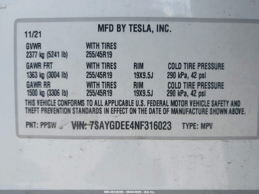 2022 Tesla Model Y Long Range Dual Motor All-Wheel Drive VIN: 7SAYGDEE4NF316023 Lot: 45238280