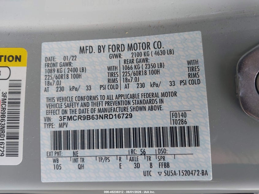 2022 Ford Bronco Sport Big Bend VIN: 3FMCR9B63NRD16729 Lot: 45238312