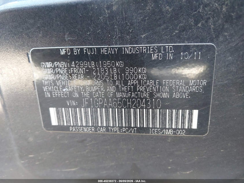 JF1GPAA65CH204310 2012 Subaru Impreza 2.0 2.0I black