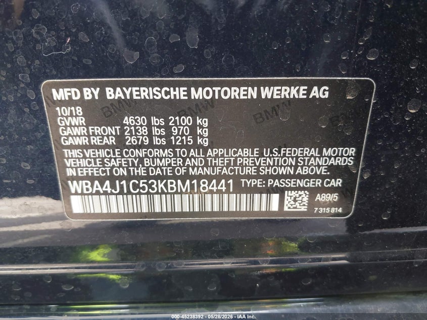 2019 BMW 430I Gran Coupe VIN: WBA4J1C53KBM18441 Lot: 45238392