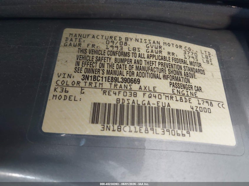 2009 Nissan Versa 1.8Sl VIN: 3N1BC11E89L390669 Lot: 45238393