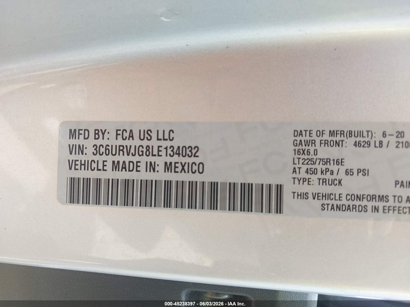 2020 Ram Promaster 3500 Cargo Van High Roof 159 Wb Ext VIN: 3C6URVJG8LE134032 Lot: 45238397