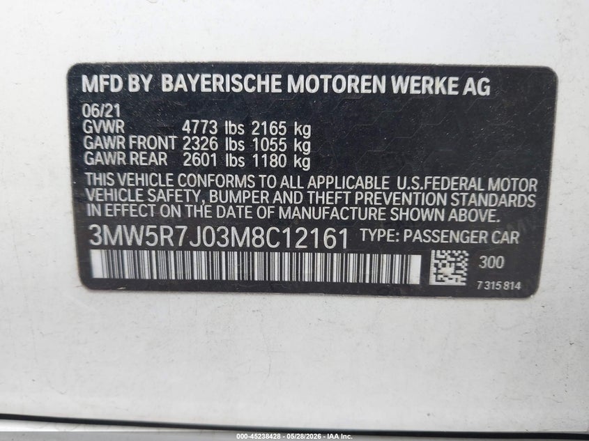 2021 BMW 330I xDrive VIN: 3MW5R7J03M8C12161 Lot: 45238428