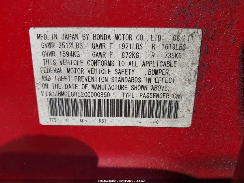 2012 Honda Fit Sport VIN: JHMGE8H52CC000890 Lot: 45238435