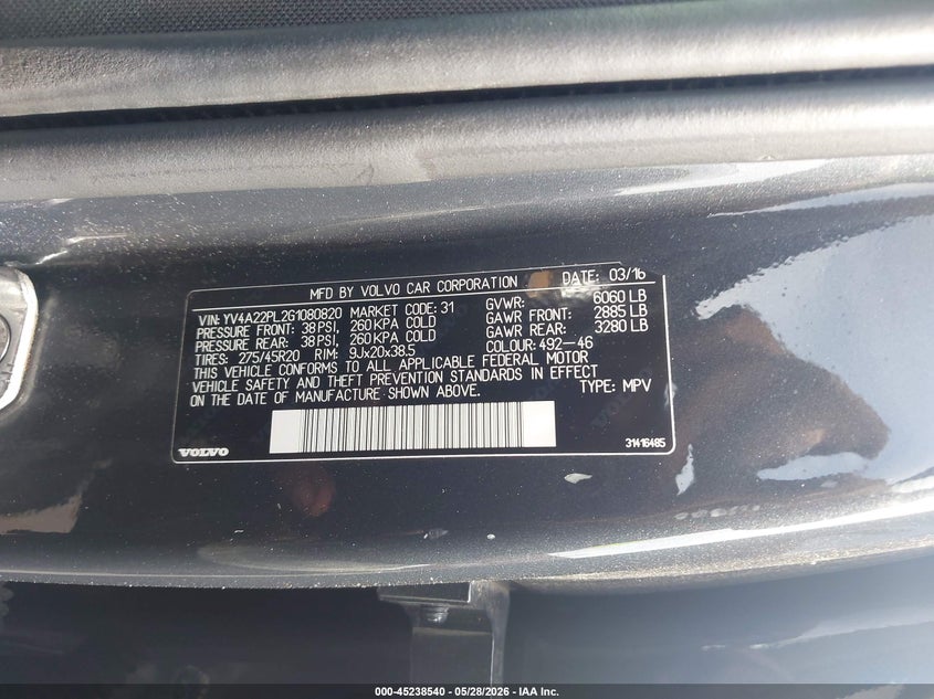 2016 Volvo Xc90 T6 Inscription VIN: YV4A22PL2G1080820 Lot: 45238540