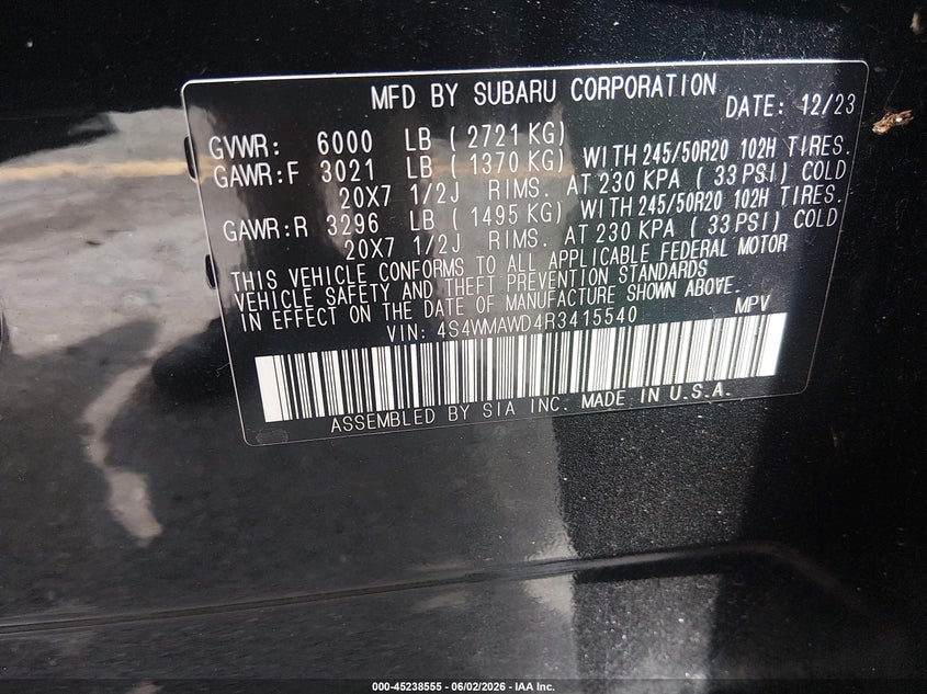 2024 Subaru Ascent Touring 7-Passenger VIN: 4S4WMAWD4R3415540 Lot: 45238555