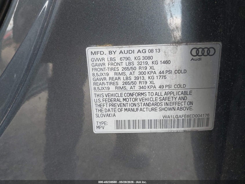 2014 Audi Q7 3.0T Premium VIN: WA1LGAFE6ED004176 Lot: 45238588