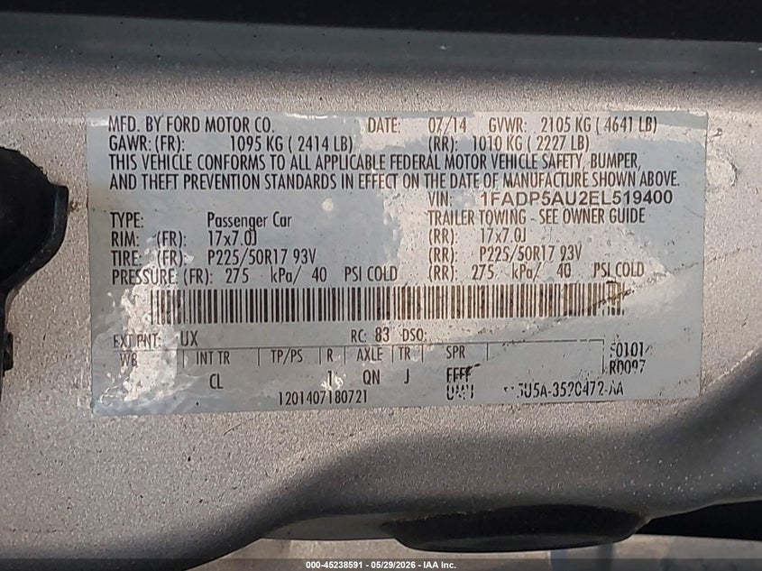 2014 Ford C-Max Hybrid Se VIN: 1FADP5AU2EL519400 Lot: 45238591