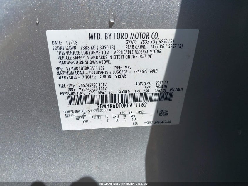 2019 Ford Flex Limited VIN: 2FMHK6DT0KBA11162 Lot: 45238631