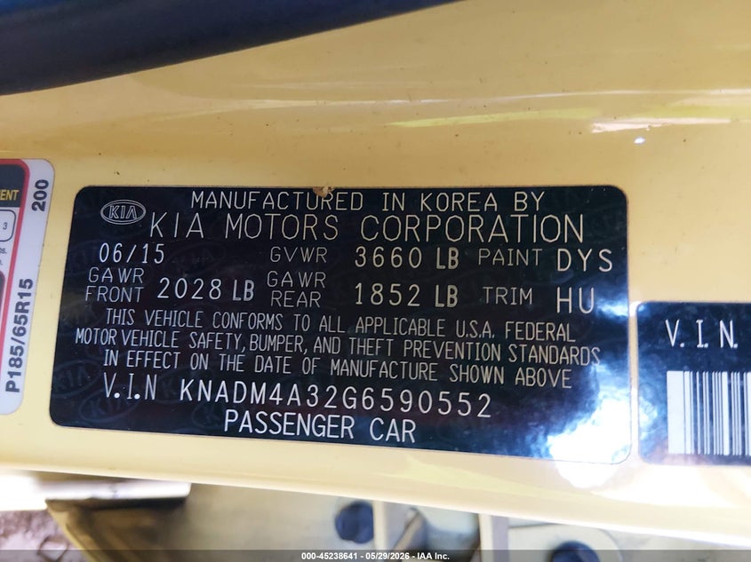 2016 Kia Rio Lx VIN: KNADM4A32G6590552 Lot: 45238641