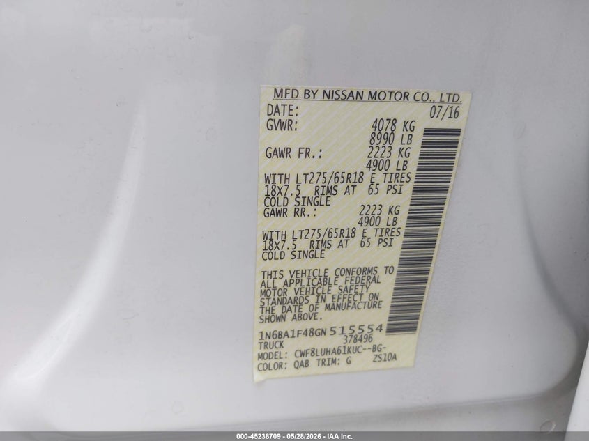 2016 Nissan Titan Xd Pro-4X Diesel VIN: 1N6BA1F48GN515554 Lot: 45238709