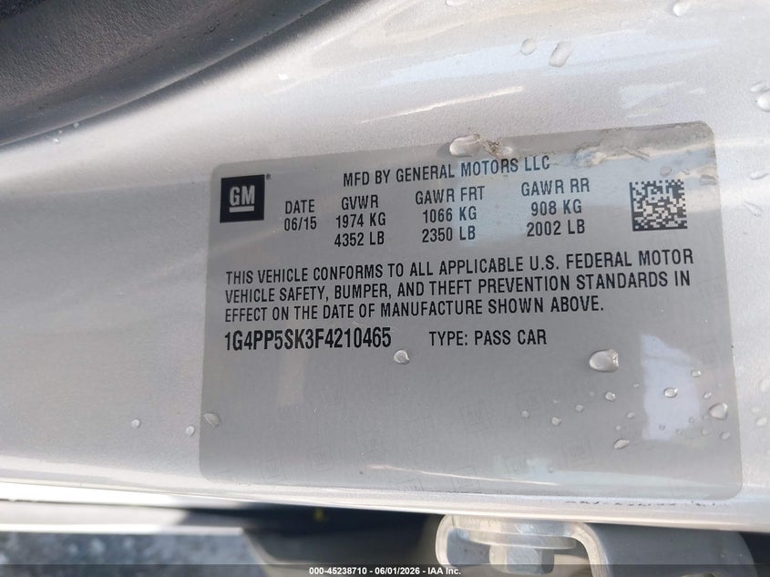 2015 Buick Verano VIN: 1G4PP5SK3F4210465 Lot: 45238710