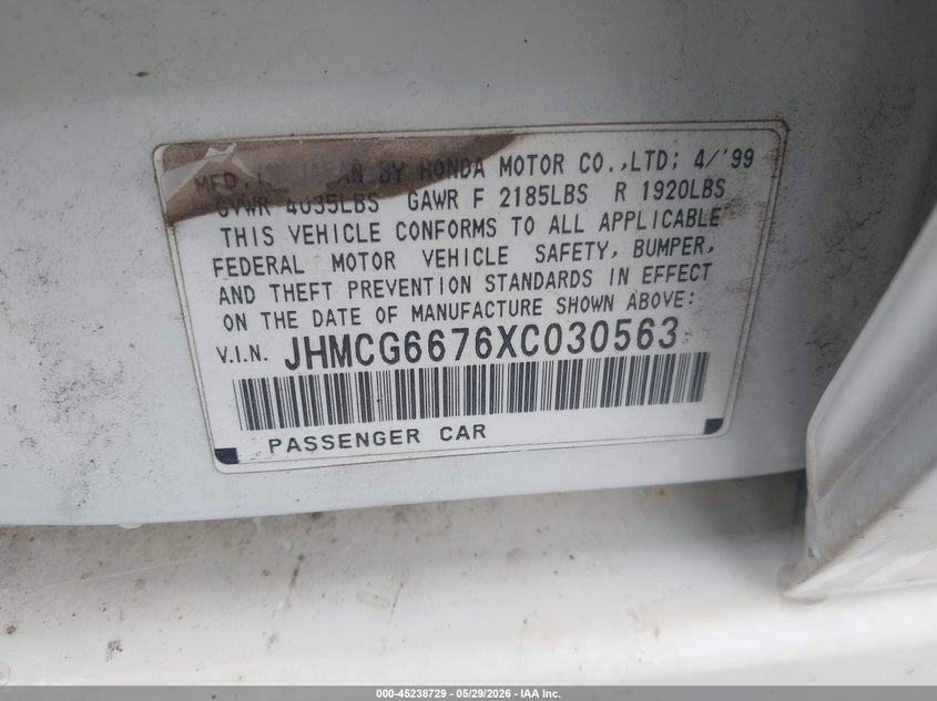 1999 Honda Accord Ex VIN: JHMCG6676XC030563 Lot: 45238729