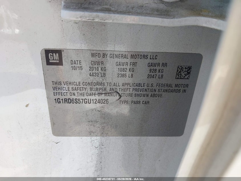 2016 Chevrolet Volt Premier VIN: 1G1RD6S57GU124026 Lot: 45238731