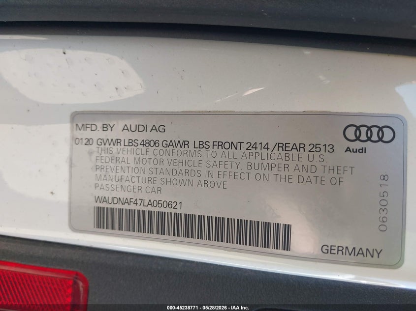 2020 Audi A4 Premium 45 Tfsi Quattro S Tronic VIN: WAUDNAF47LA050621 Lot: 45238771
