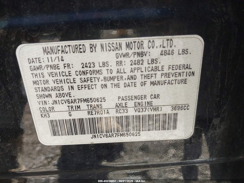 2015 Infiniti Q40 VIN: JN1CV6AR7FM650625 Lot: 45238857