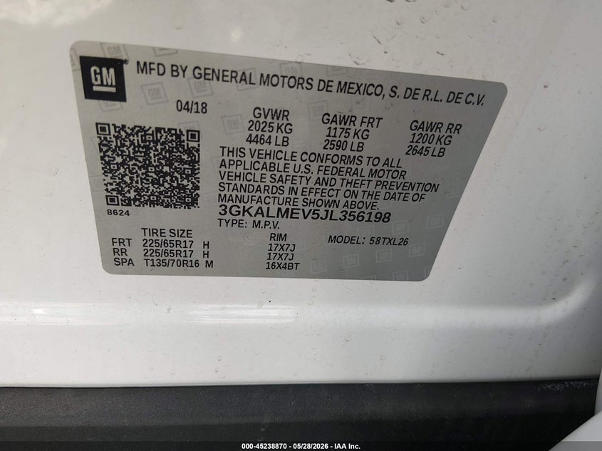 2018 GMC Terrain Sle VIN: 3GKALMEV5JL356198 Lot: 45238870