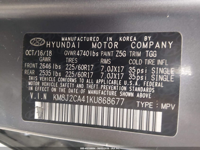2019 Hyundai Tucson Se VIN: KM8J2CA41KU868677 Lot: 45238884