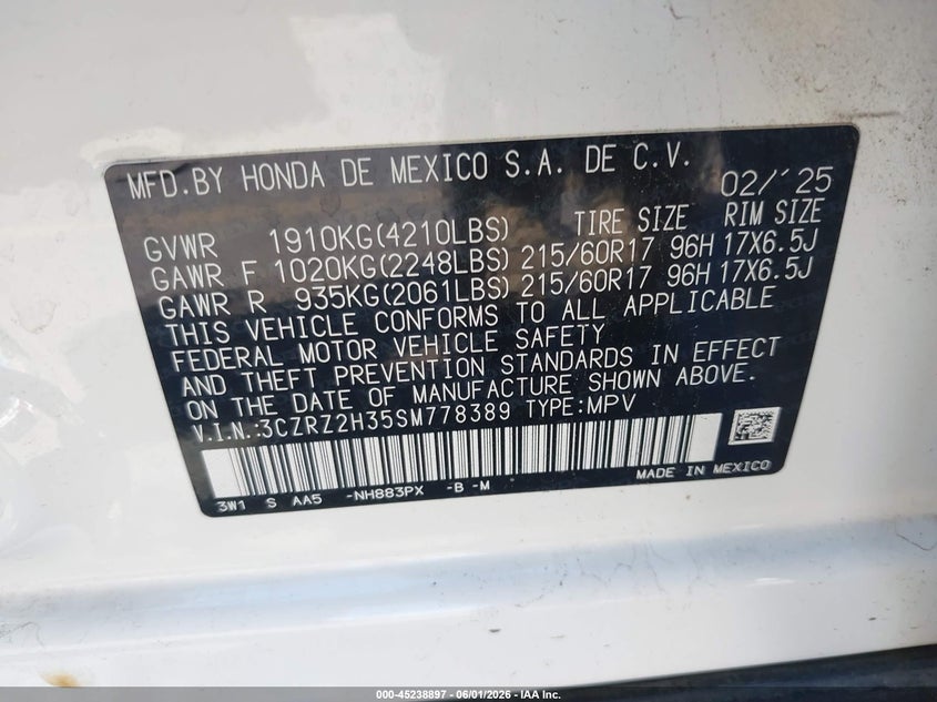 2025 Honda Hr-V Awd Lx VIN: 3CZRZ2H35SM778389 Lot: 45238897