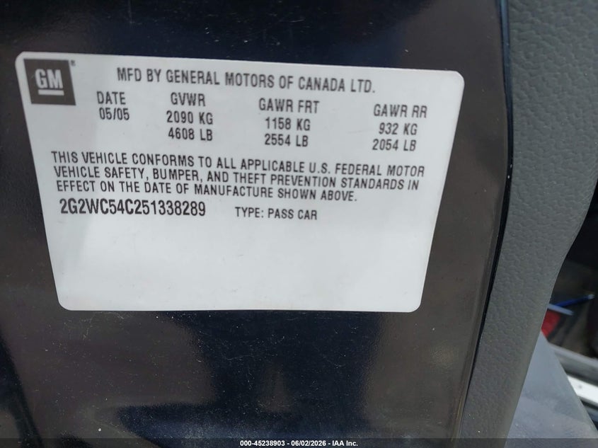 2005 Pontiac Grand Prix Gxp VIN: 2G2WC54C251338289 Lot: 45238903
