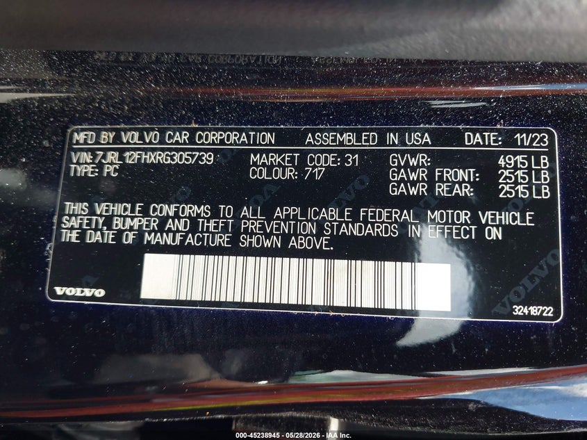 2024 Volvo S60 B5 Plus Black Edition VIN: 7JRL12FHXRG305739 Lot: 45238945