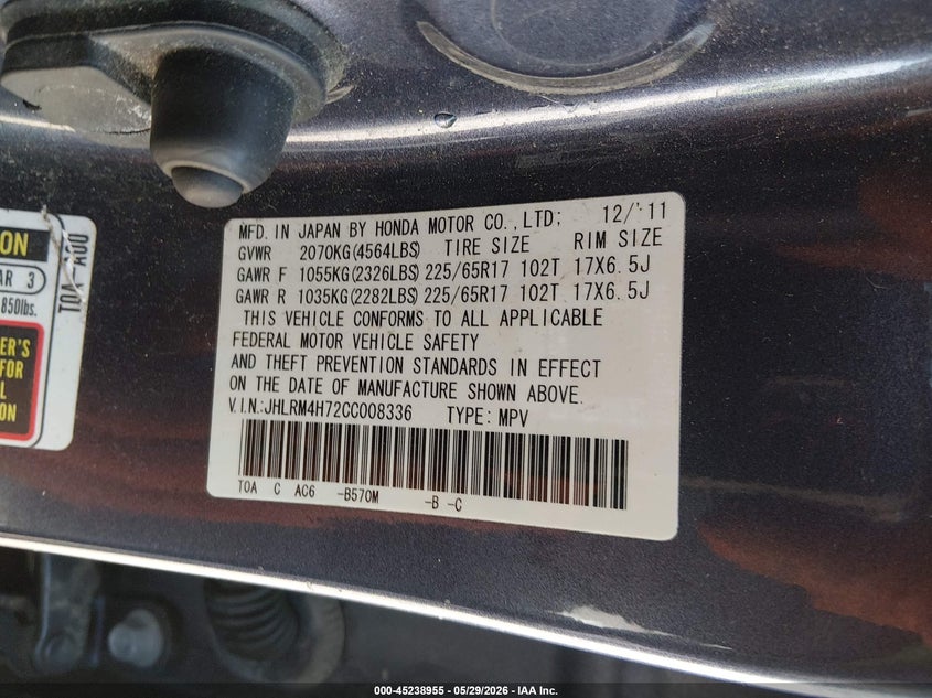 2012 Honda Cr-v 2.4 Cr-V Ex-L grey Lot 111045238955 Vin JHLRM4H72CC008336