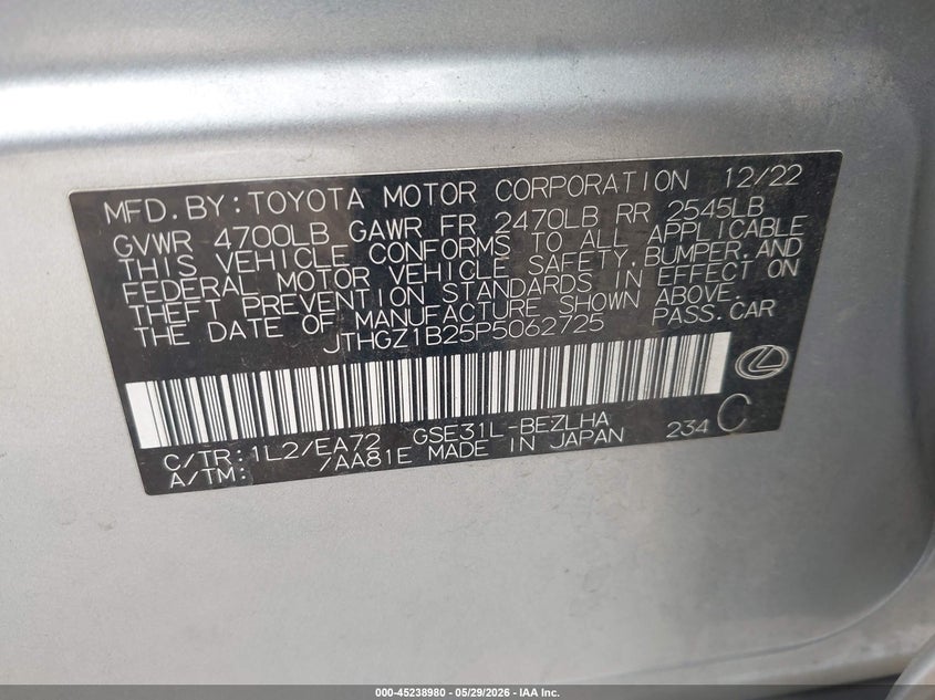 2023 Lexus Is 350 F Sport VIN: JTHGZ1B25P5062725 Lot: 45238980