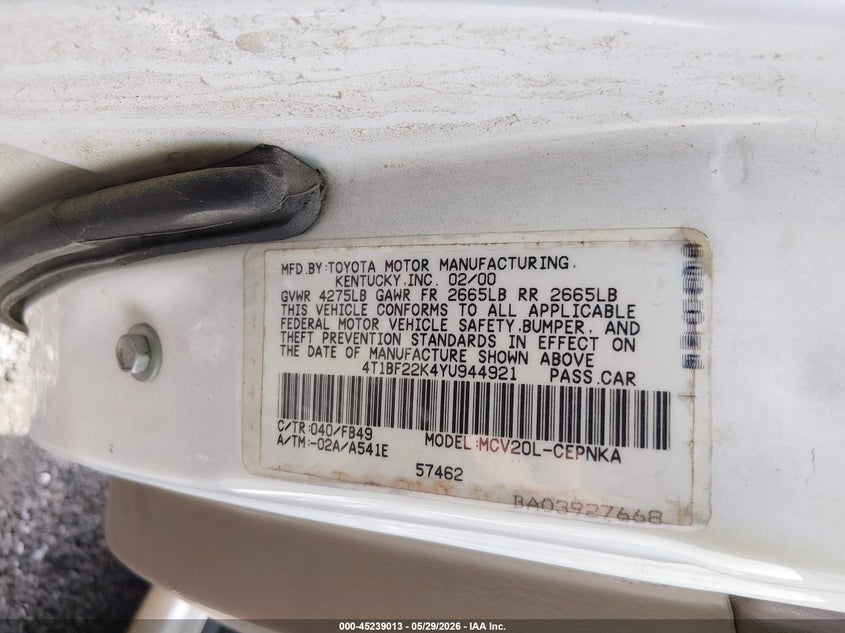 2000 Toyota Camry Le V6 VIN: 4T1BF22K4YU944921 Lot: 45239013