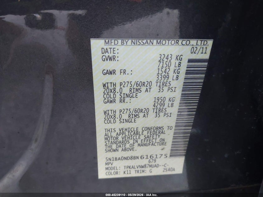 2011 Nissan Armada Sl VIN: 5N1BA0ND8BN616175 Lot: 45239110